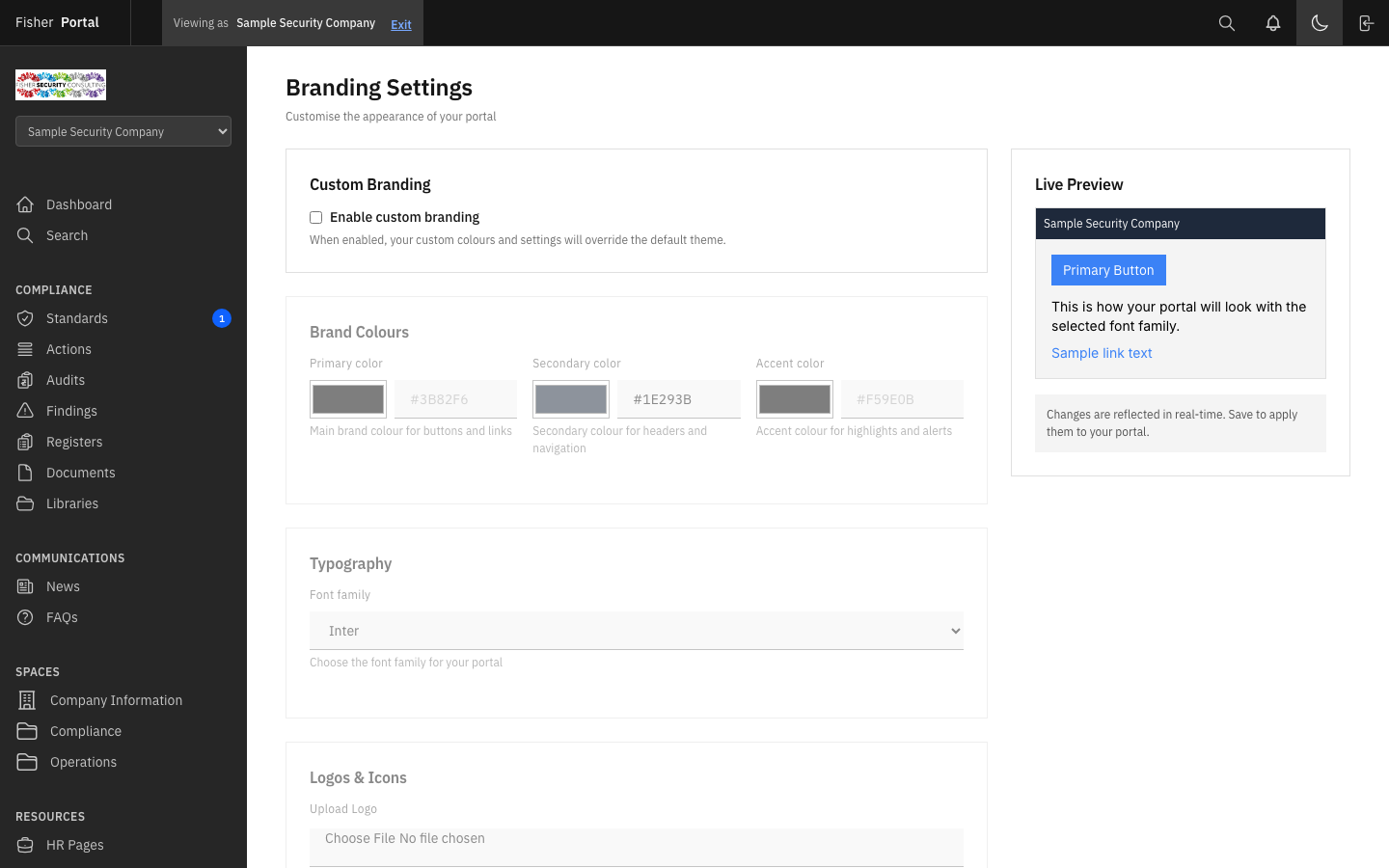 Branding form with colour picker, logo upload, and custom CSS options