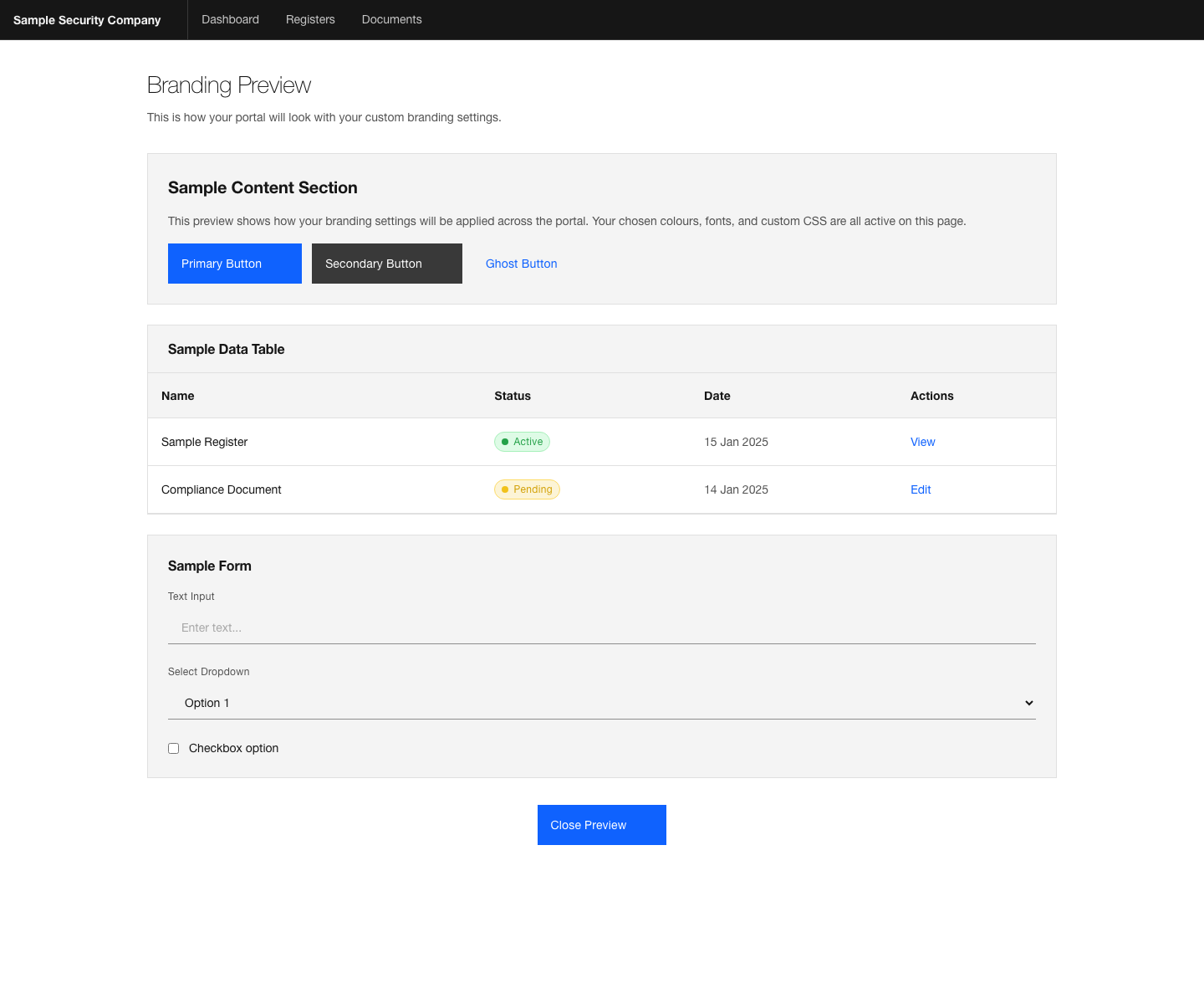 The branding preview page showing how the portal will look before saving the new client styling