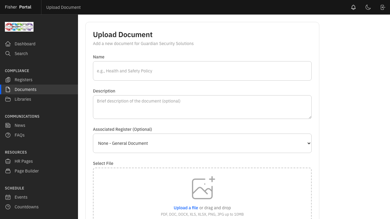 New document upload form with file selection and folder placement