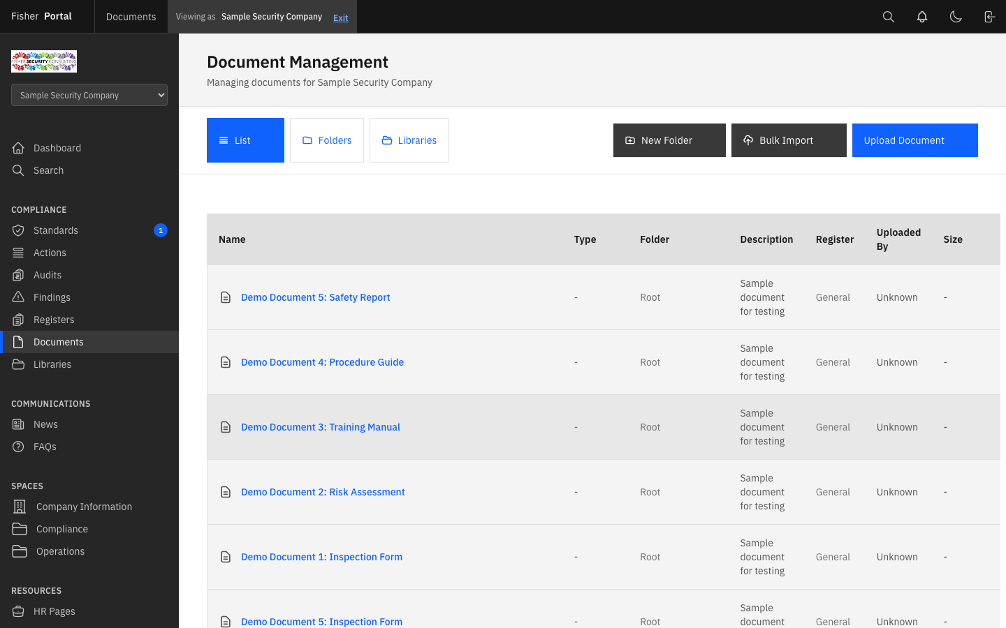 Document library showing uploaded files and folders