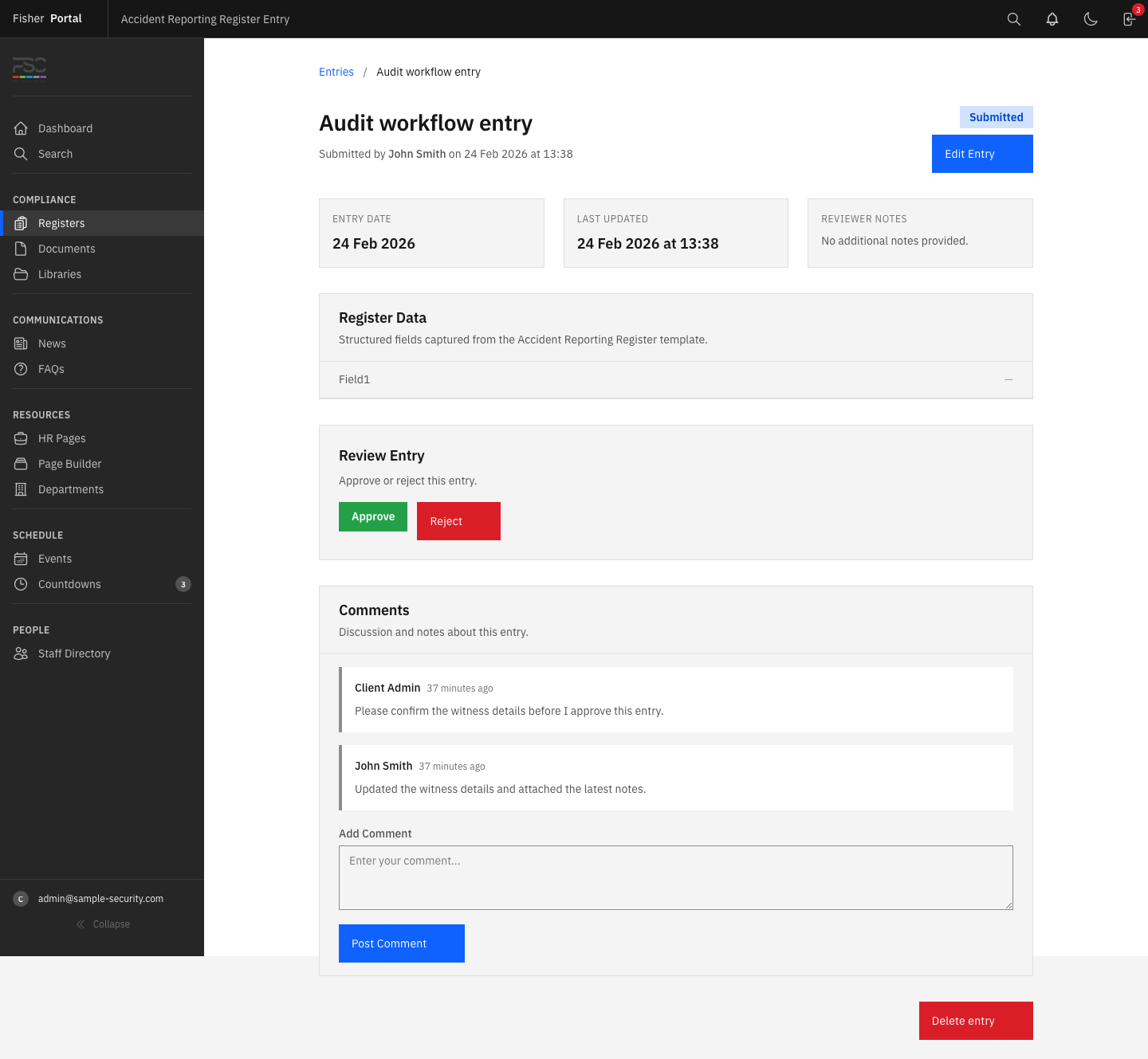 A submitted register entry opened for review, showing the status badge, field values, comments, and admin action buttons