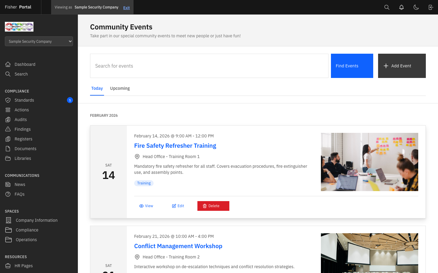 Events list showing upcoming and past events