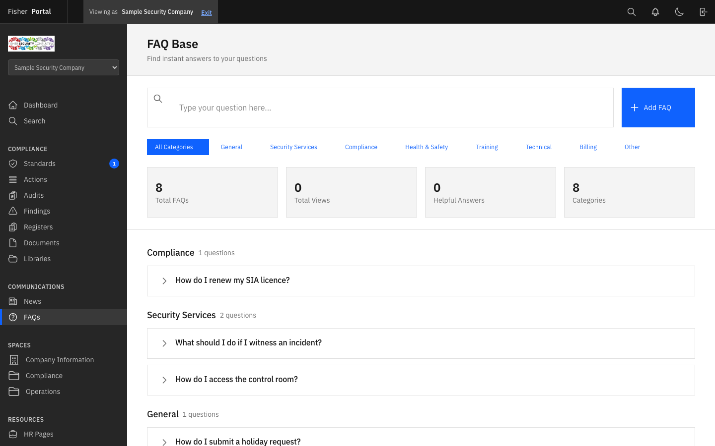 FAQ list grouped by category