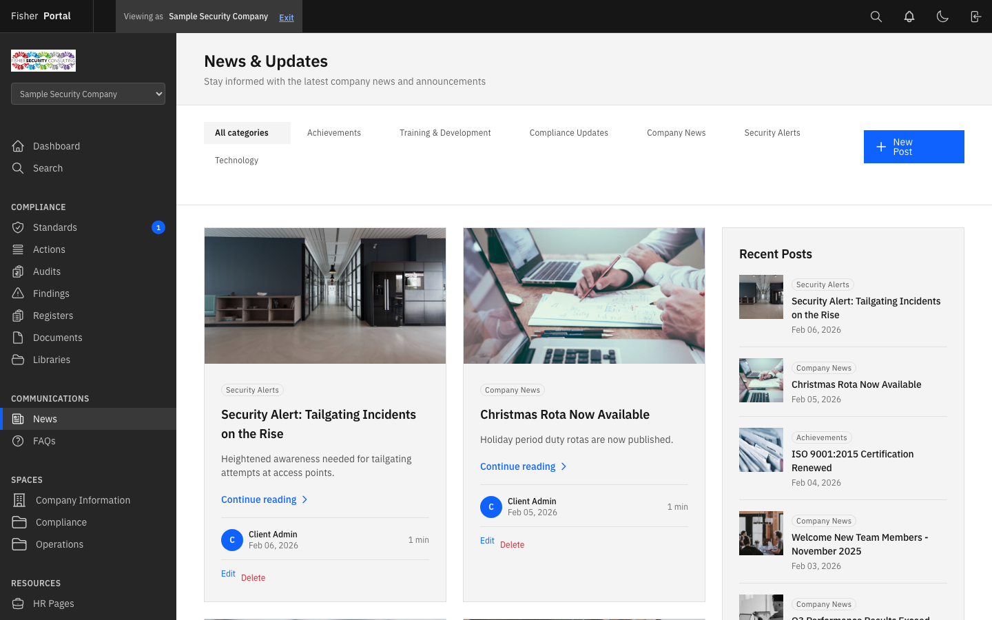 News posts list showing recent announcements