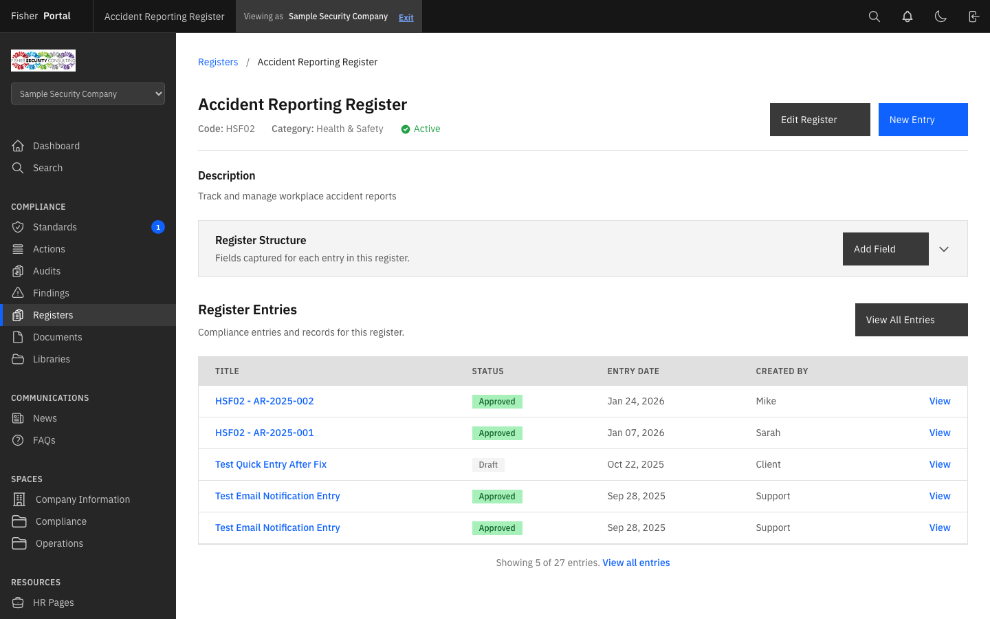 Register detail view showing fields and entries