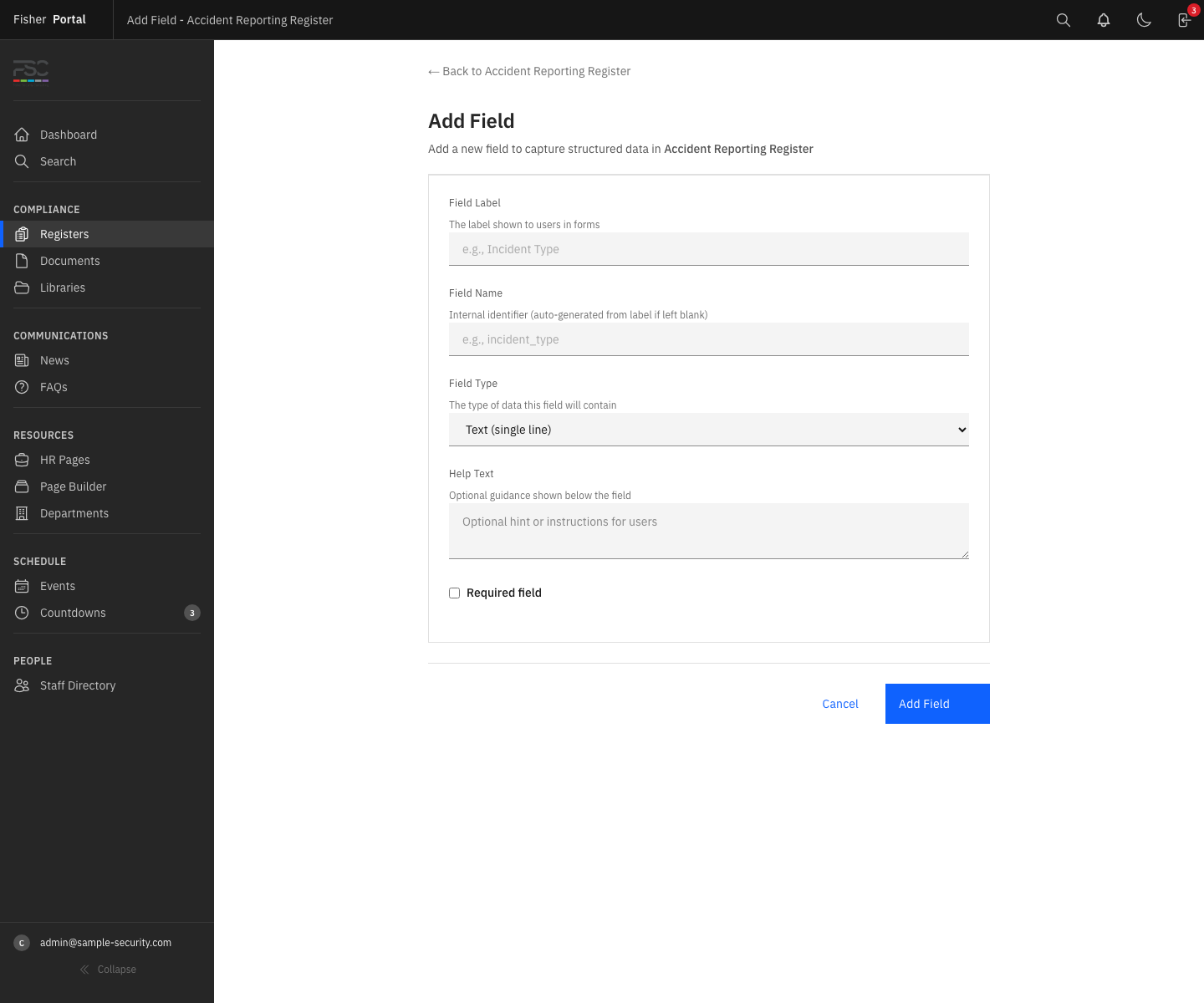 The new register field form showing field type options and configuration settings for dynamic fields