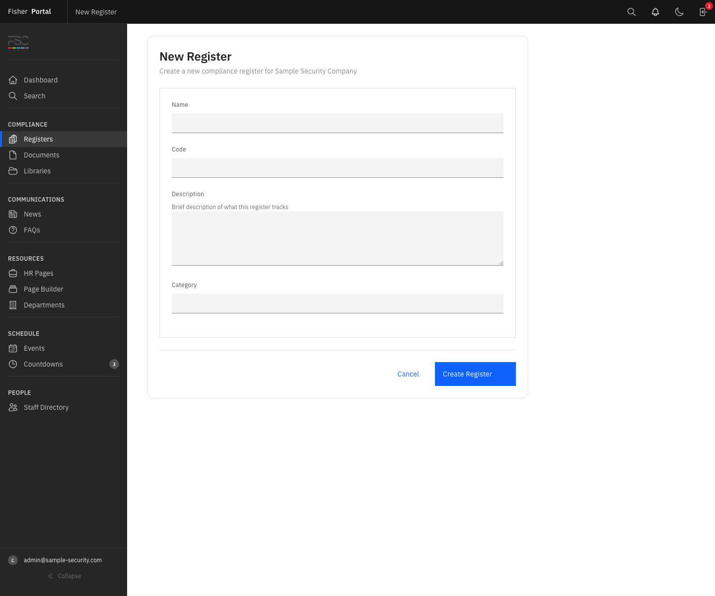 The new register form showing the code, name, description, and category fields used to create a register