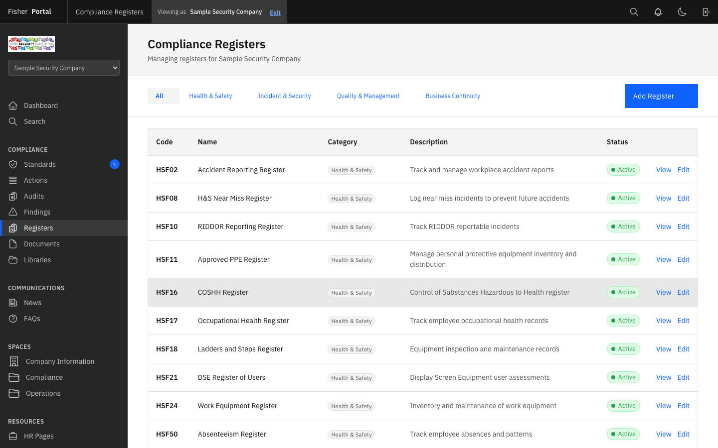 Registers list showing all active registers for your organisation