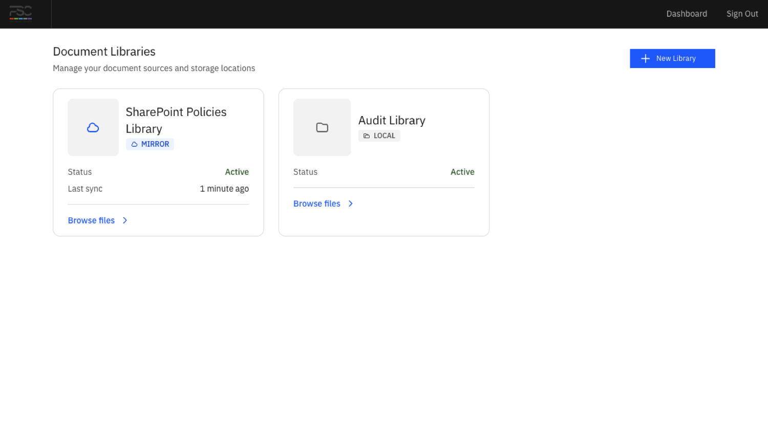 The libraries list showing connected sources, sync status, and the action to add or review a SharePoint-backed library