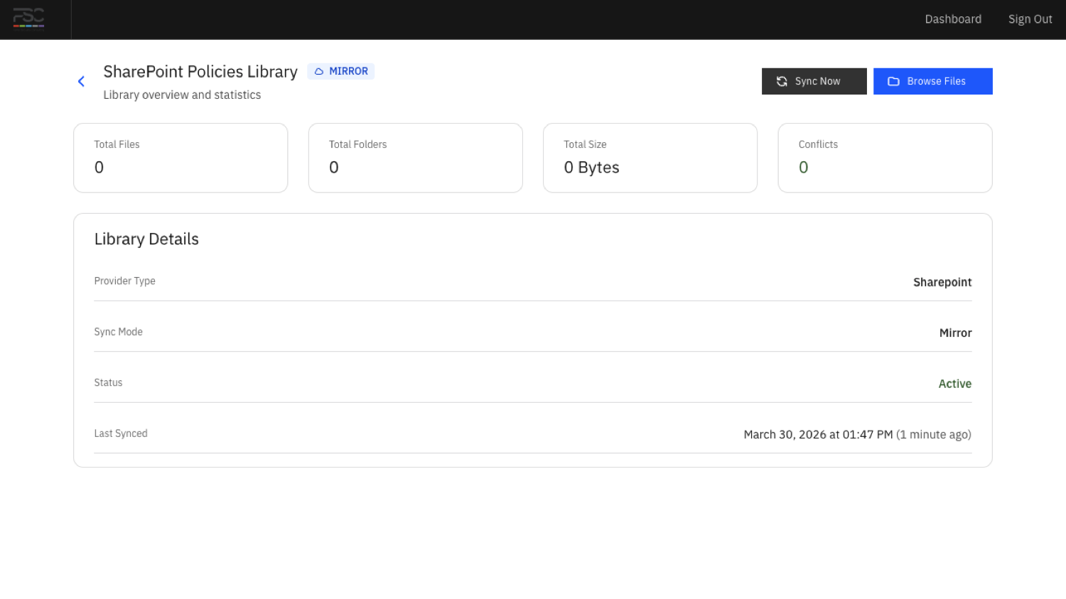 A SharePoint library detail page showing the sync summary, current status, and the Sync Now action for the selected source