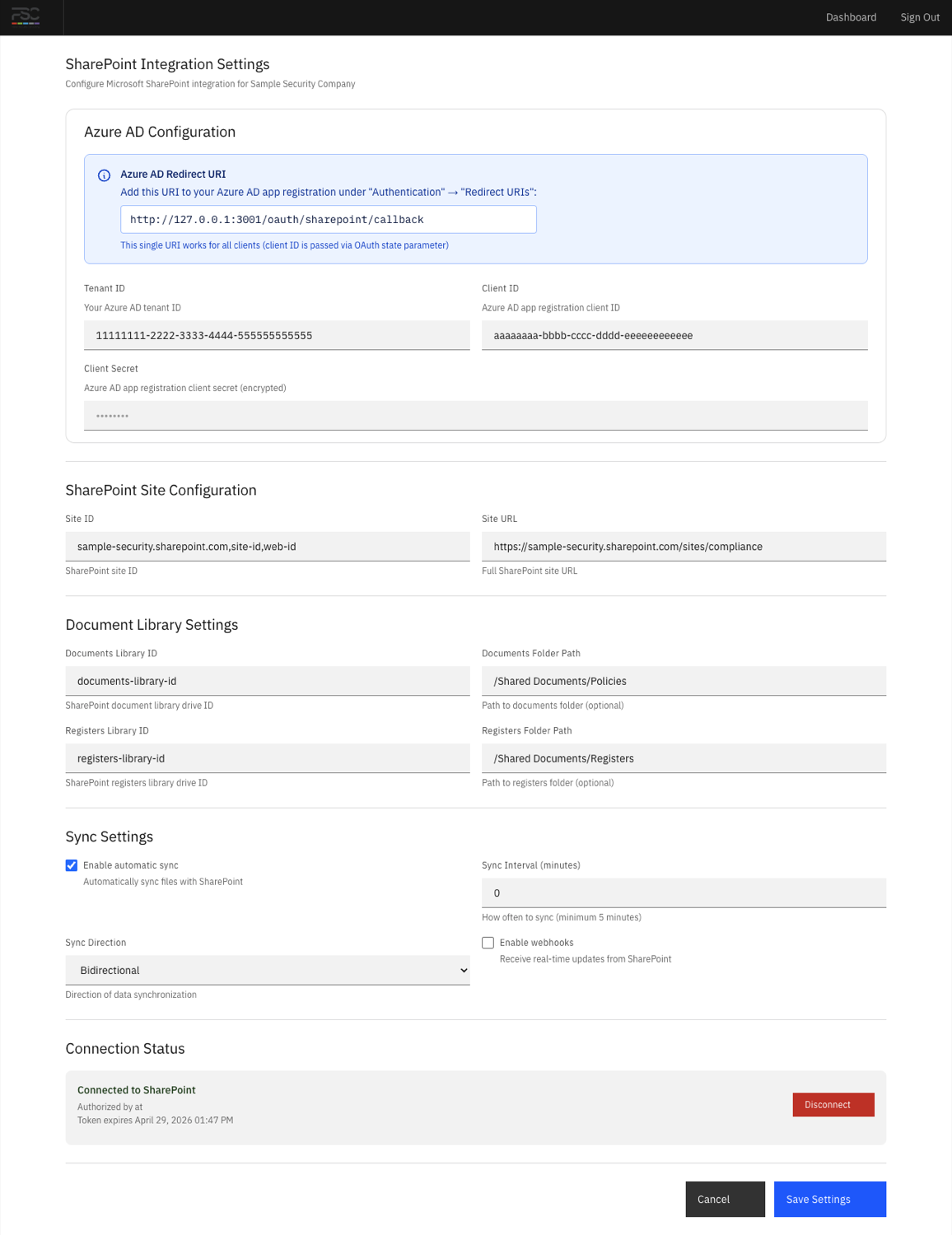 The SharePoint settings page showing the Microsoft connection fields, site details, and sync controls for a client account