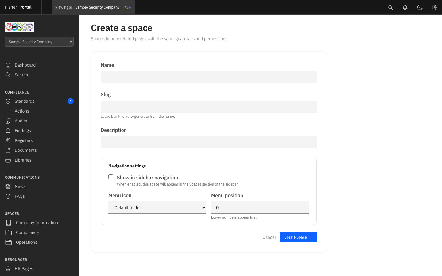 Creating a new space with name, description, and menu settings