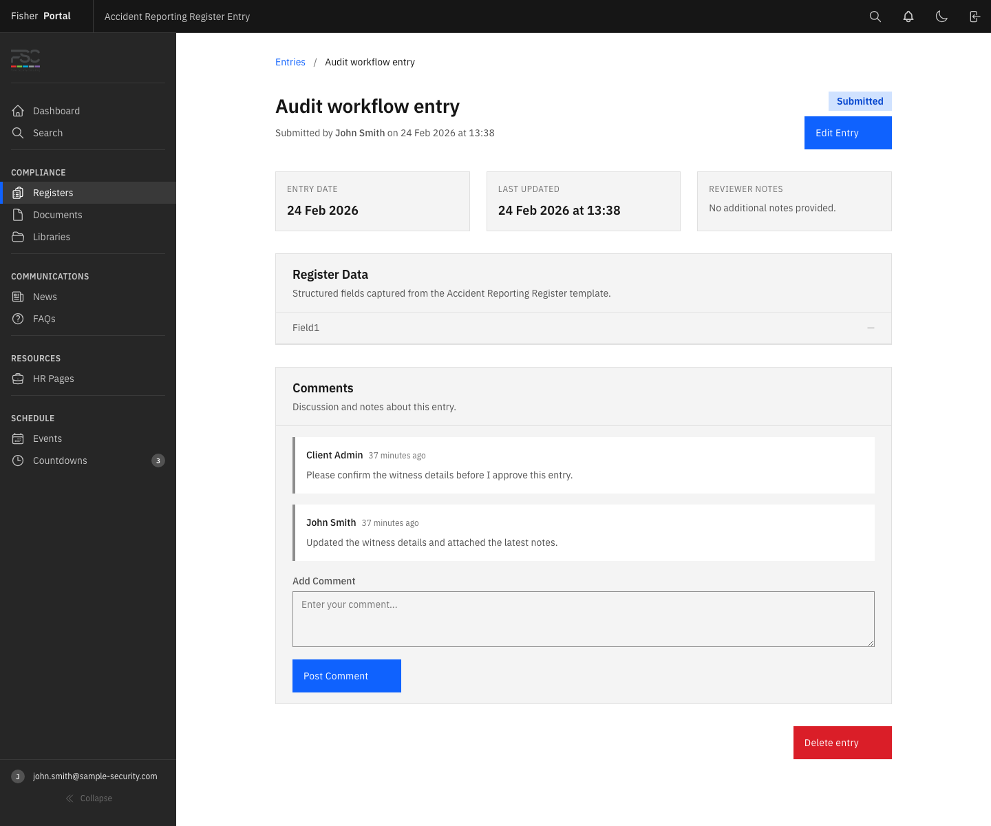 A submitted register entry showing the blue Submitted badge and the read-only review view after staff send it for approval