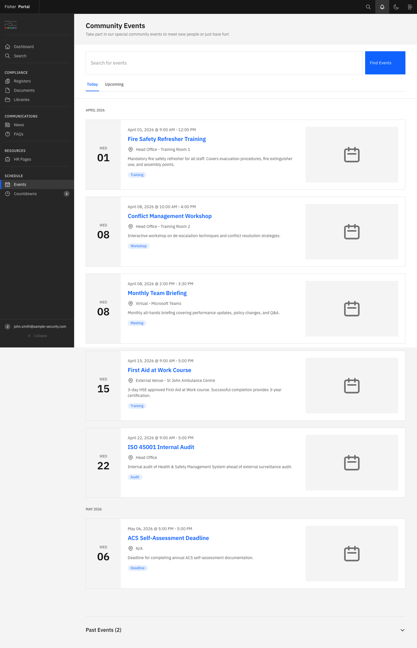 The events page showing scheduled training sessions, meetings, and compliance deadlines for staff