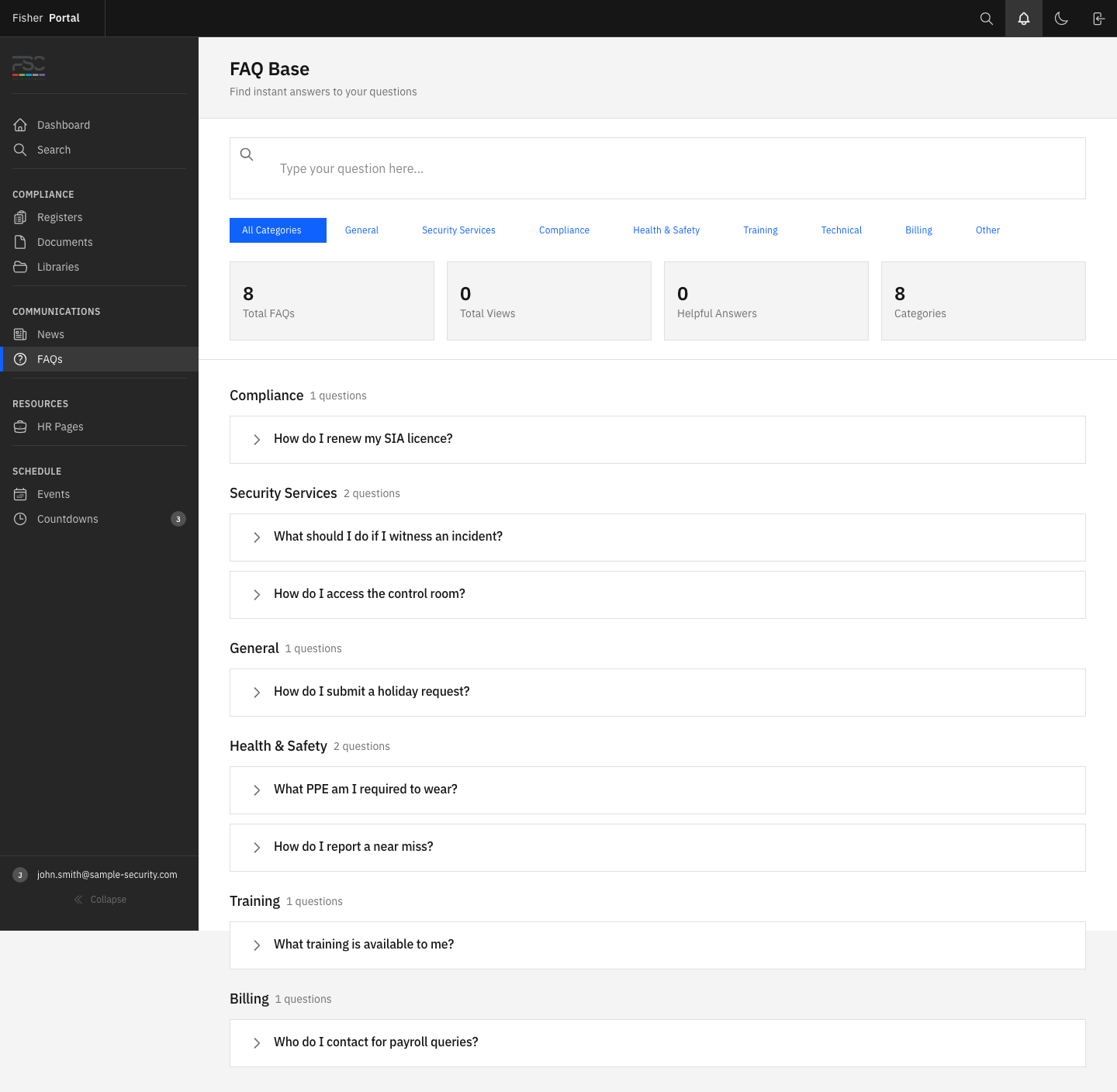 The FAQ page showing common staff questions in an expandable list for quick self-service answers