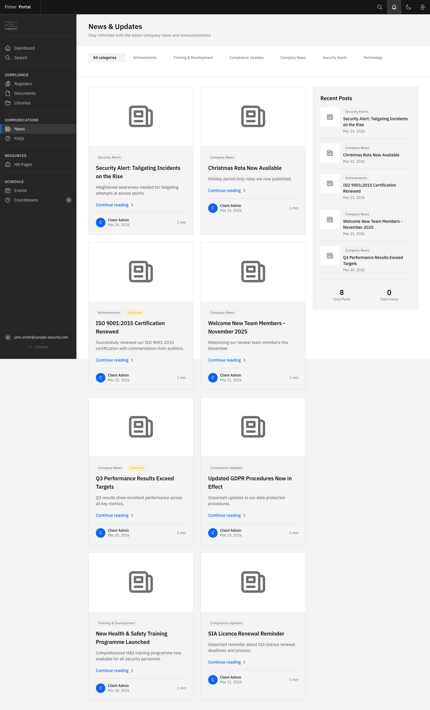 The staff news page showing published company updates in a simple list with titles, summaries, and publish dates