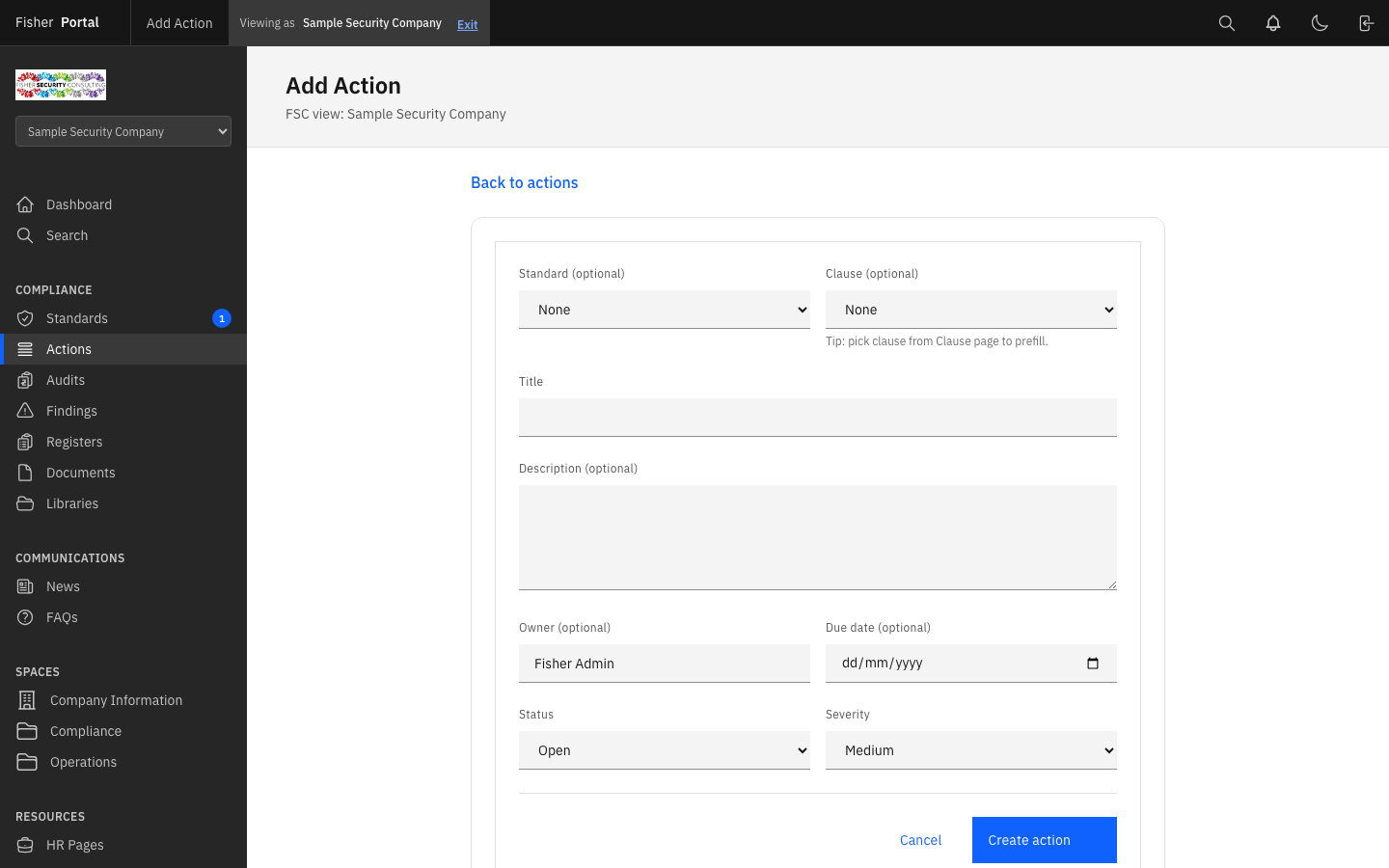New action form with fields for standard, clause, title, owner, due date, and severity