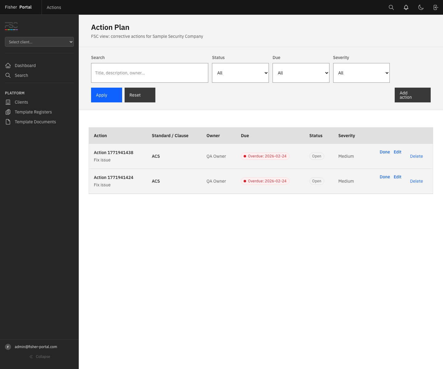 The action plan for a client showing open items, due dates, and severity tracking across compliance work