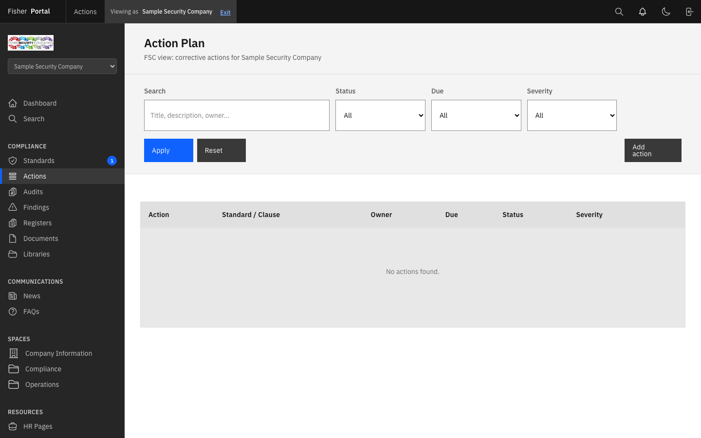 Action plan showing all compliance actions with filters and status indicators