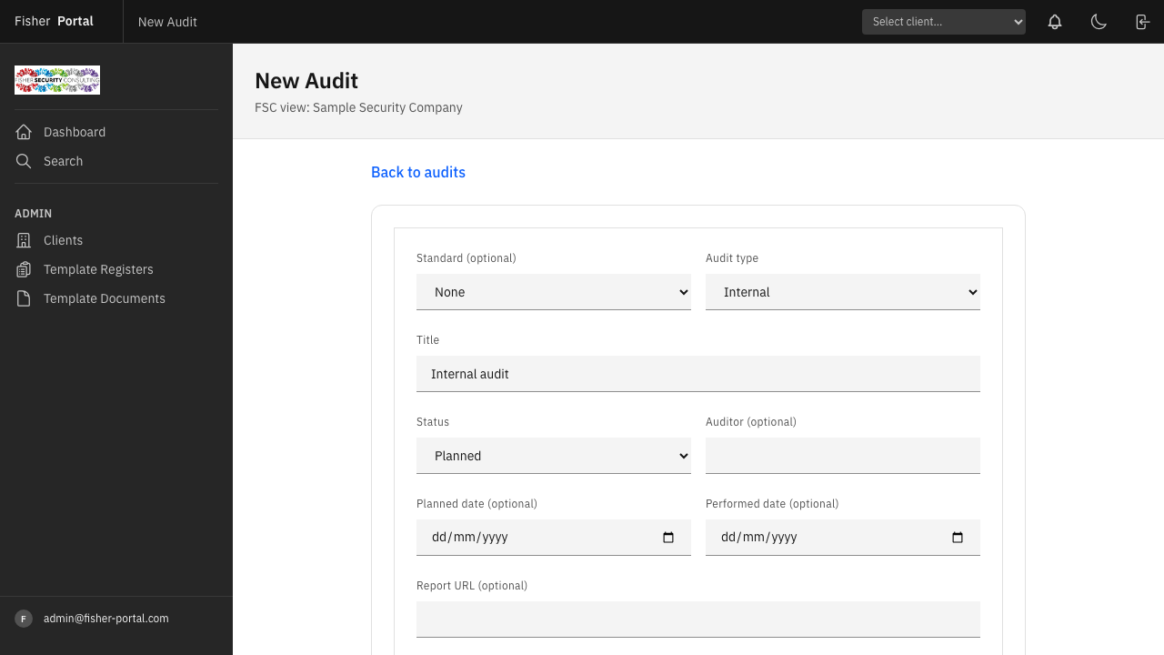New audit form with fields for standard, type, title, dates, and notes