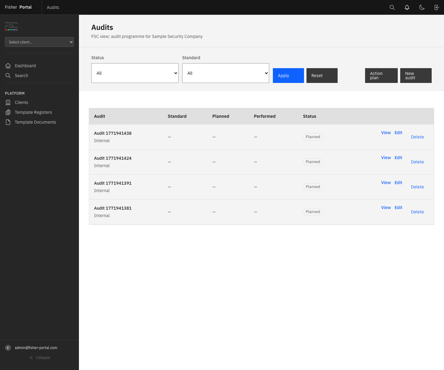 A refreshed audits list showing the audit programme with dates, standards, and status filters visible