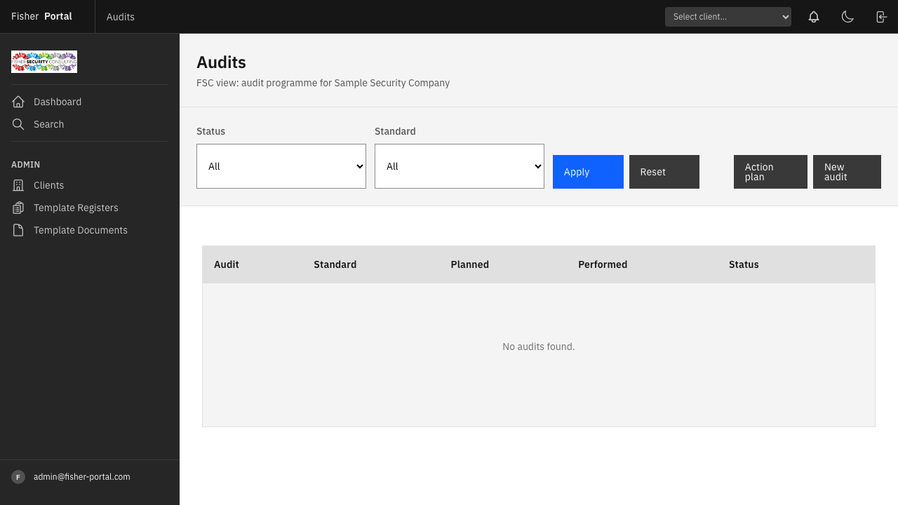 Audits list showing all audits for a client with filter controls