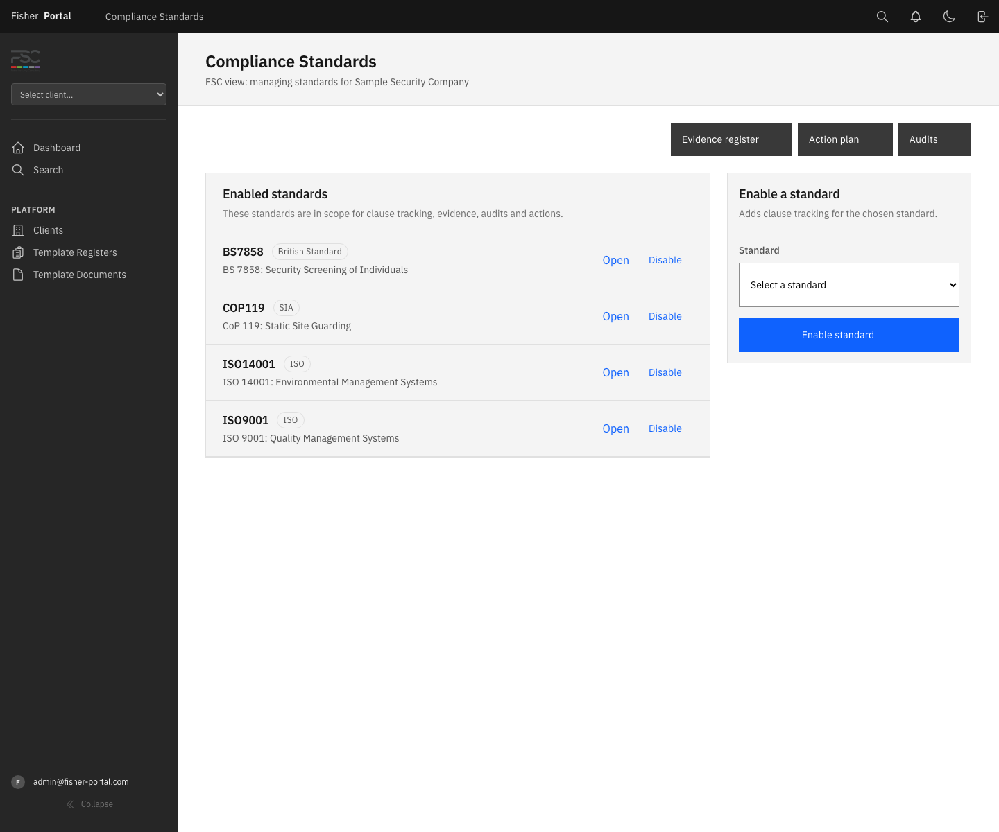 A refreshed standards overview showing the compliance hub for a selected client with linked areas across the module