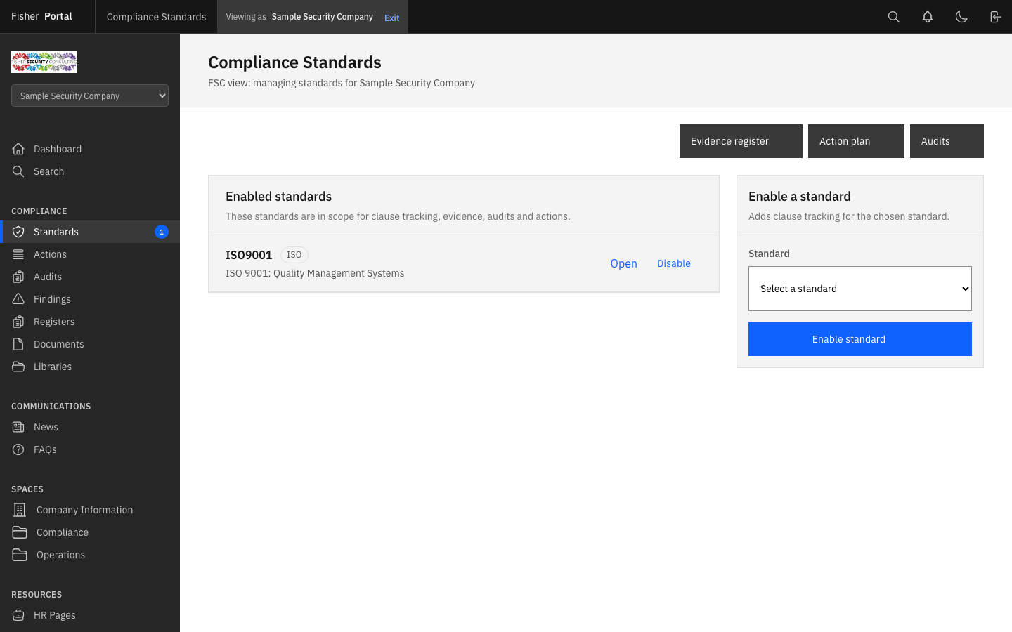 Compliance standards page showing enabled standards for a client