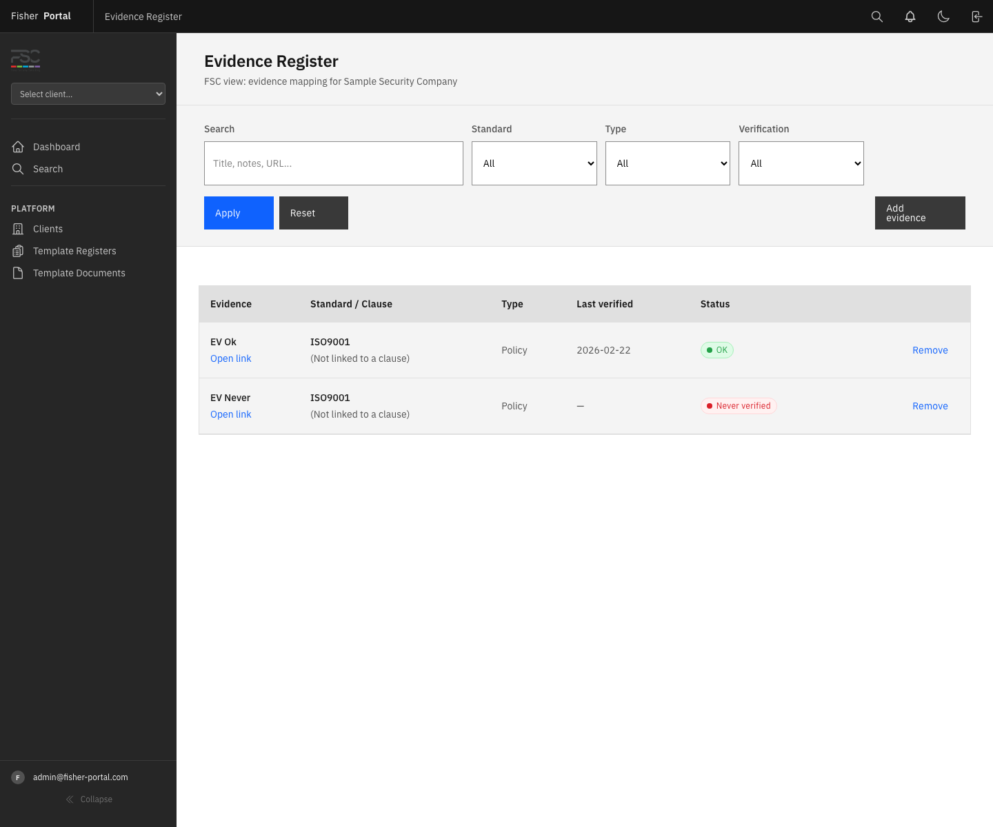 The evidence register showing how documentary proof is mapped to standards and clauses within the same workflow