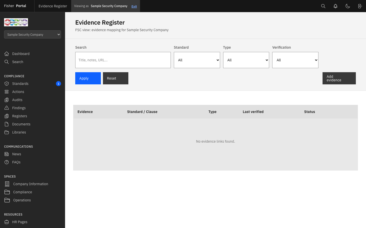 Evidence register showing all evidence links with filter controls