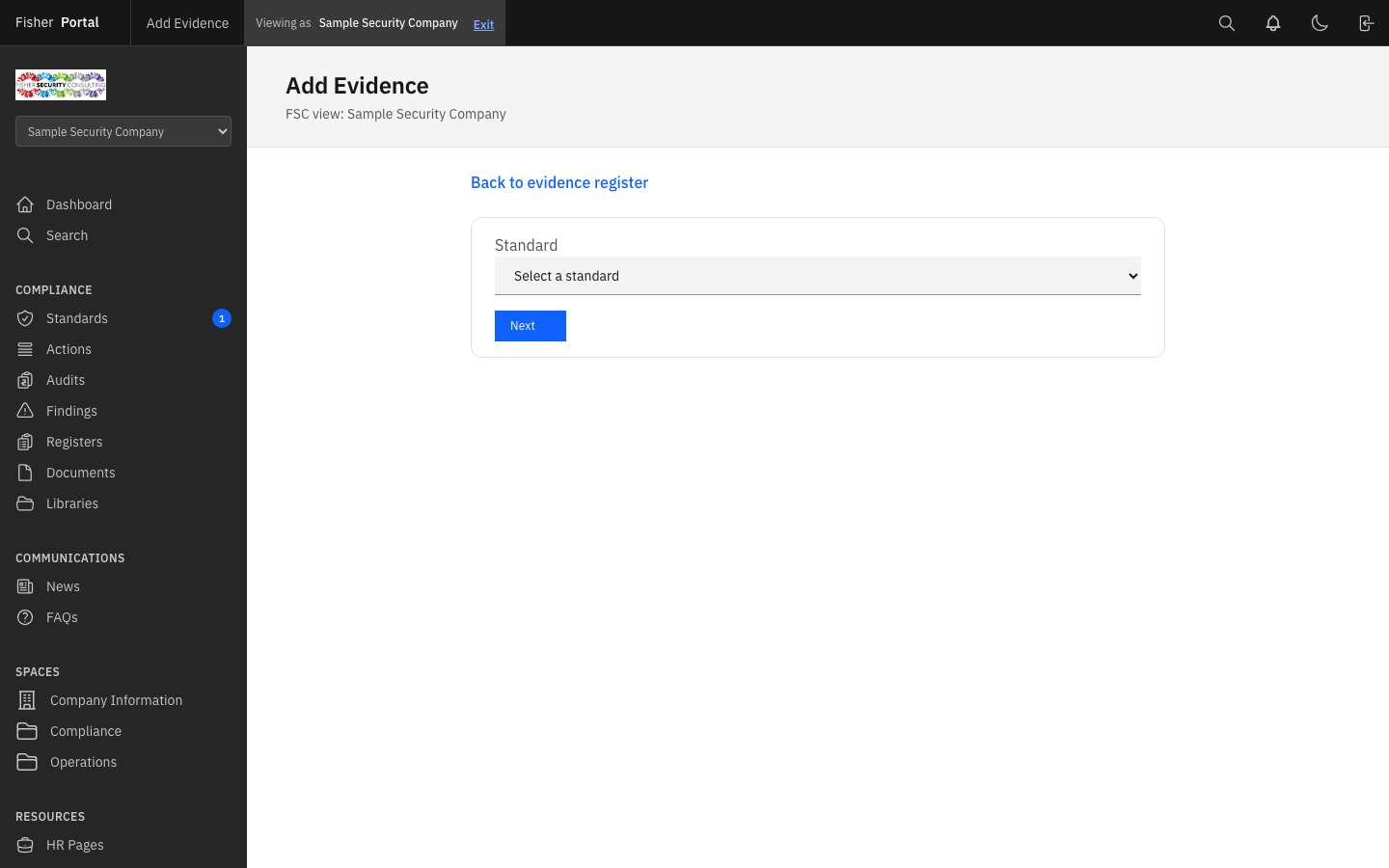 New evidence link form with standard selection, document picker, and evidence details