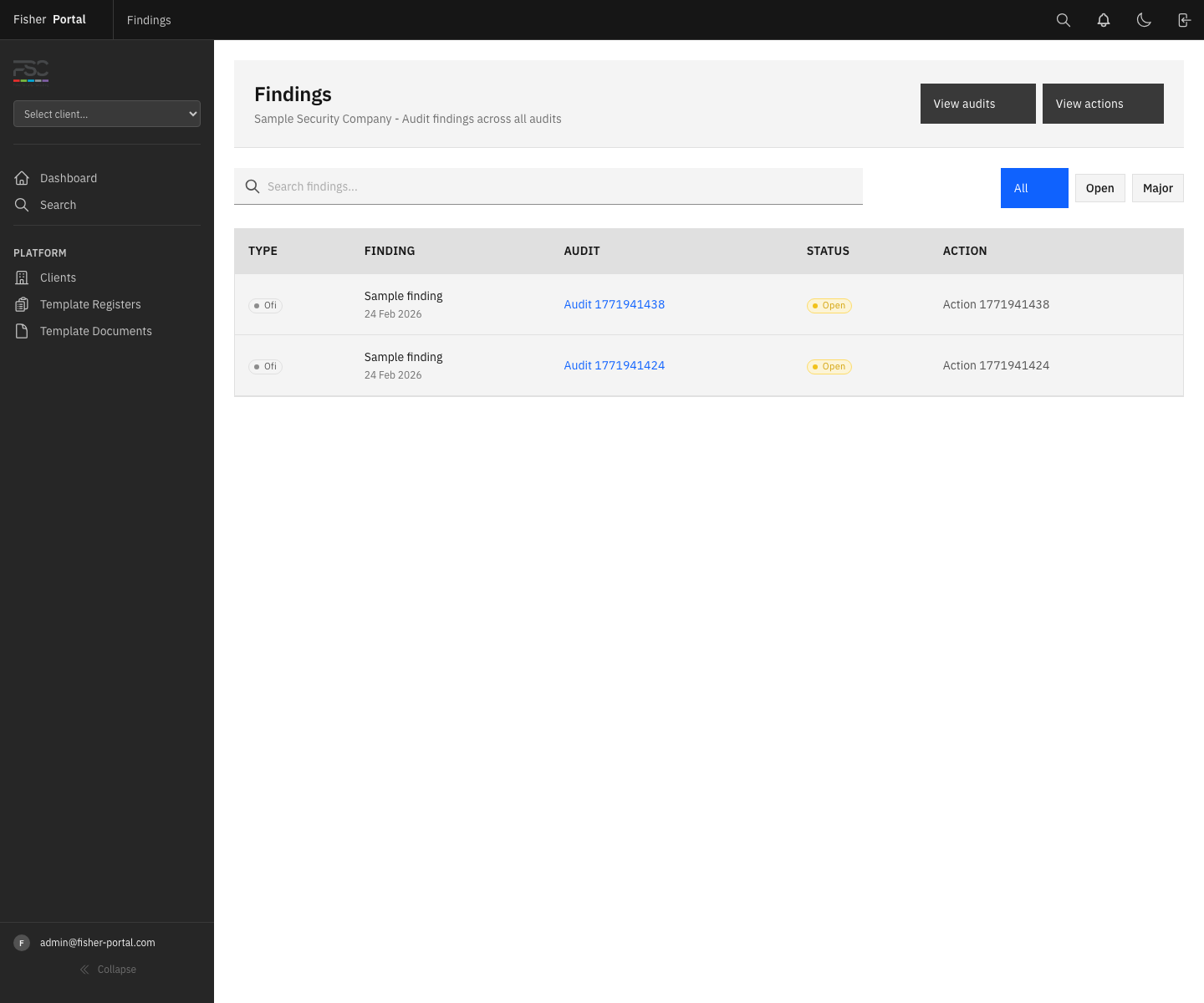 The findings list showing recorded audit findings that can be reviewed and turned into follow-up actions