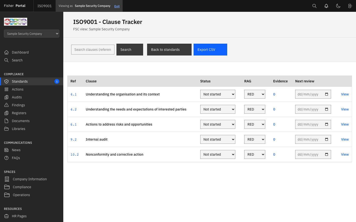 Standard detail page showing clause tracker with status and RAG columns