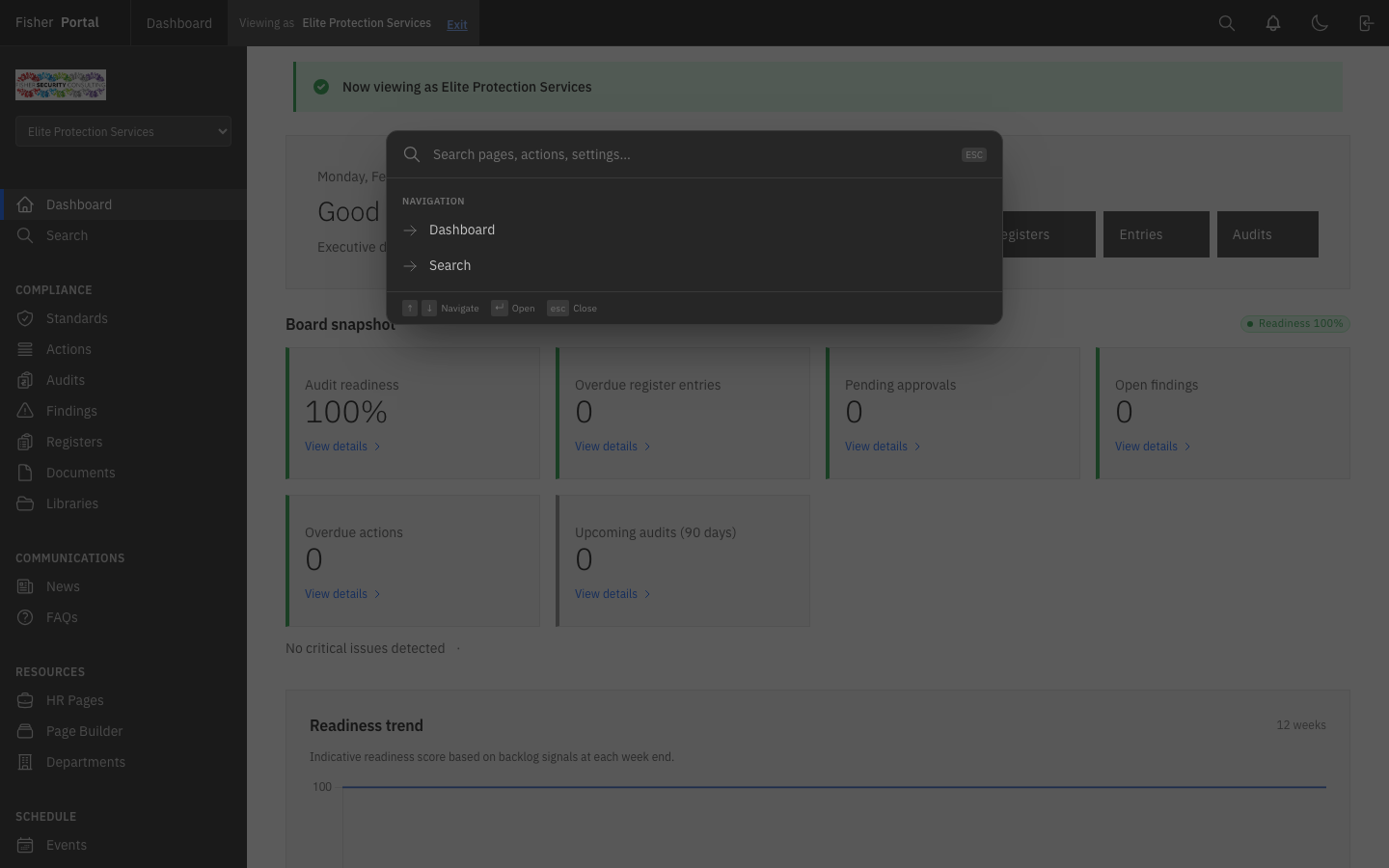 The command palette showing quick navigation and search options