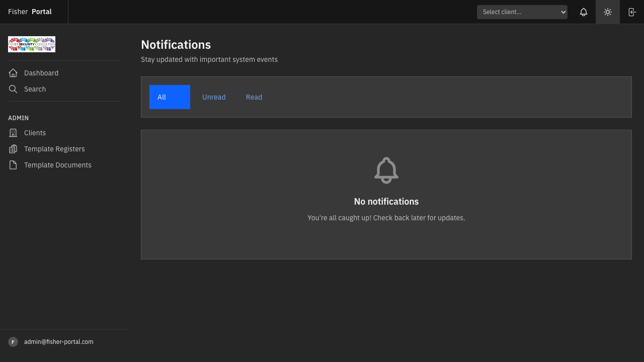 The Notifications page shown in dark mode after navigating away from the Dashboard, confirming that the dark theme persists across pages