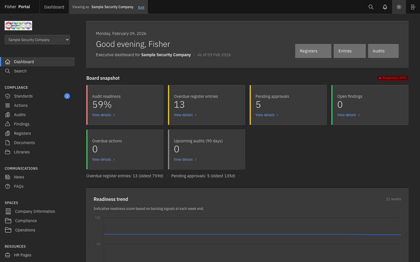 The Fisher Portal dashboard in dark mode, with a dark background, lighter text, and the sun icon visible in the header indicating dark mode is active