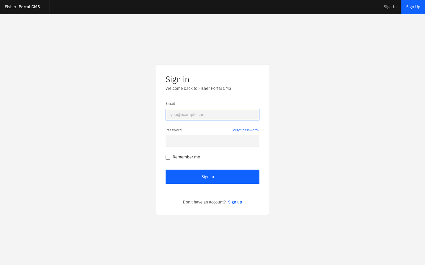 The Fisher Portal login page showing the email and password fields, a "Remember me" checkbox, and a blue "Sign in" button