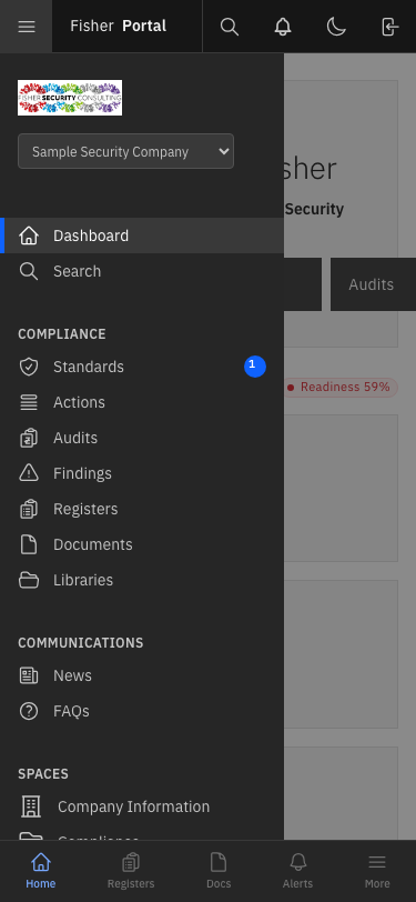 The mobile view with the sidebar open, showing the same navigation links as on desktop