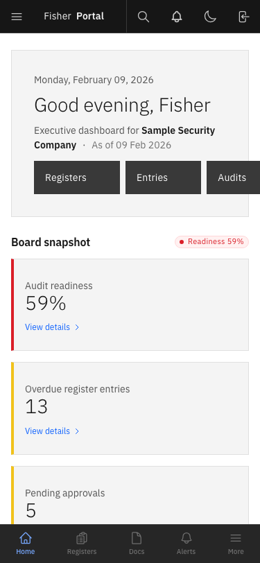 The mobile view of Fisher Portal with the sidebar hidden, showing only the header bar with a hamburger menu icon on the left