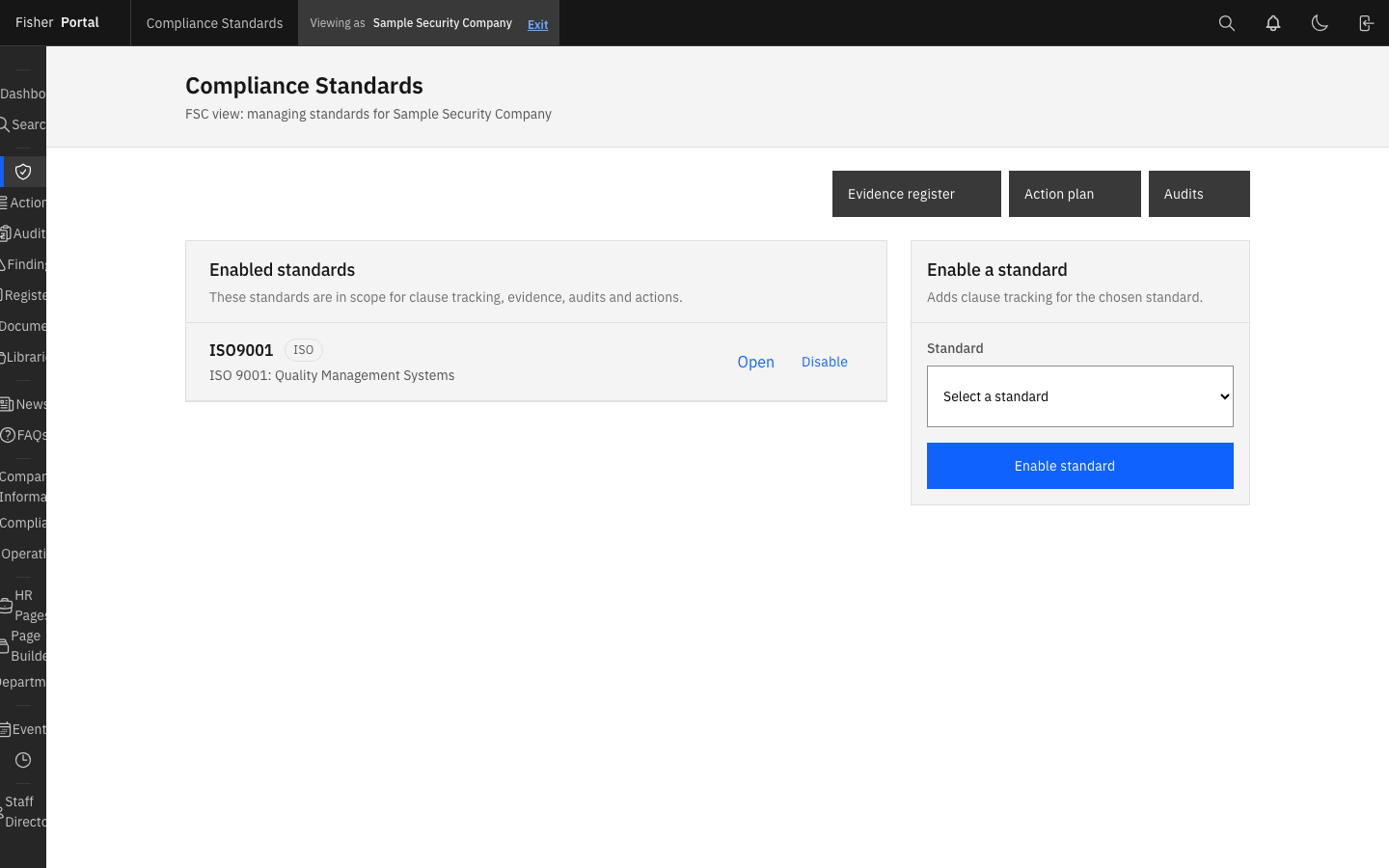 The compliance-focused sidebar showing the dedicated compliance navigation used by FSC staff