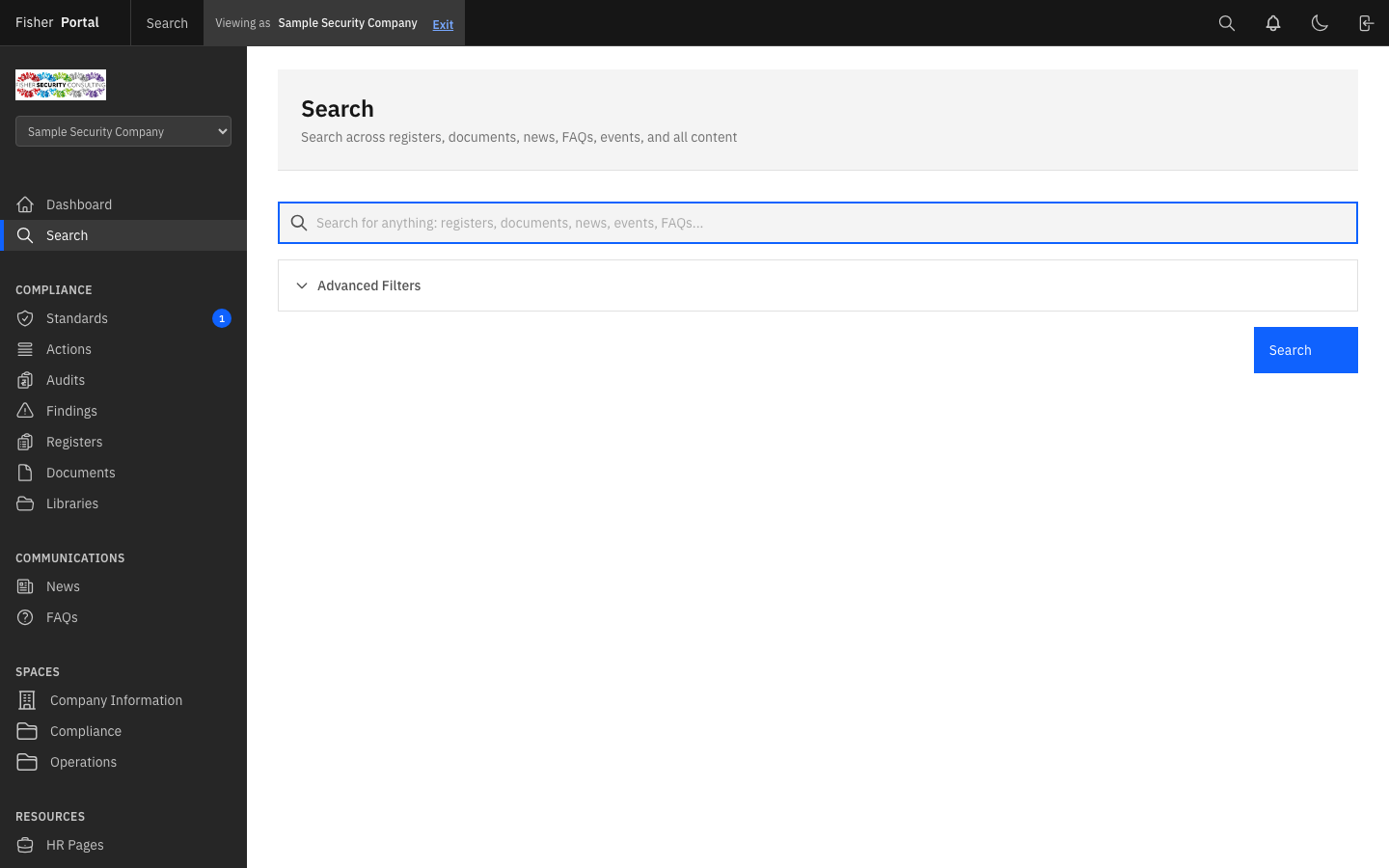The search page with an empty search bar, an Advanced Filters toggle, and a blue Search button