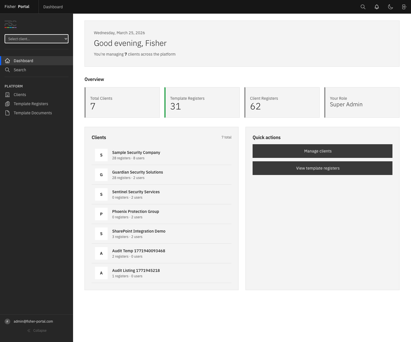 The client switcher opened from the dashboard header, ready to move from platform mode into a specific client context