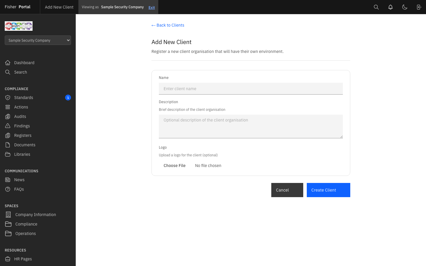 The Add New Client form with fields for name, description, and logo