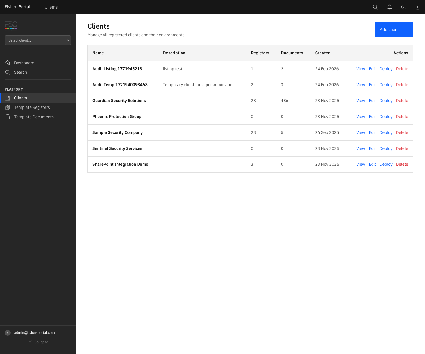 The clients list view showing each organisation with its register and user totals from a platform-wide perspective