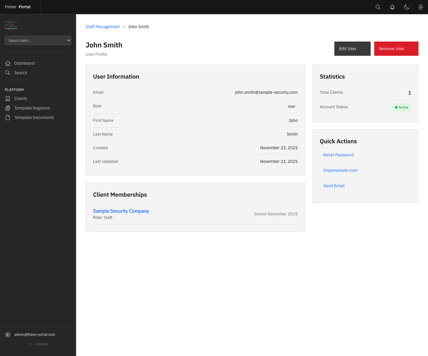 A Super Admin user profile showing the action area where impersonation can be started for support work