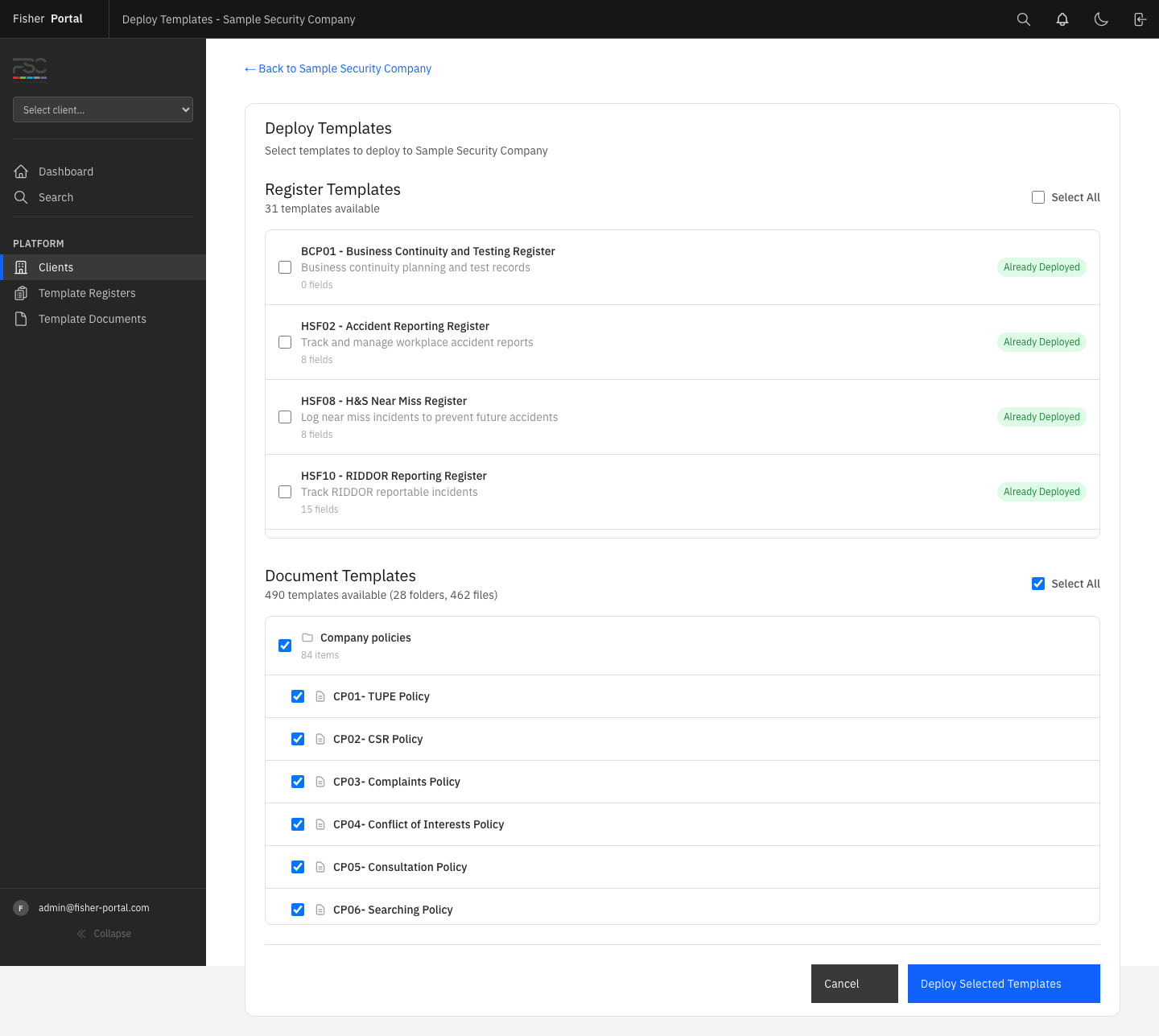 The template deployment screen showing register options, document selections, and the controls used to deploy templates to a client