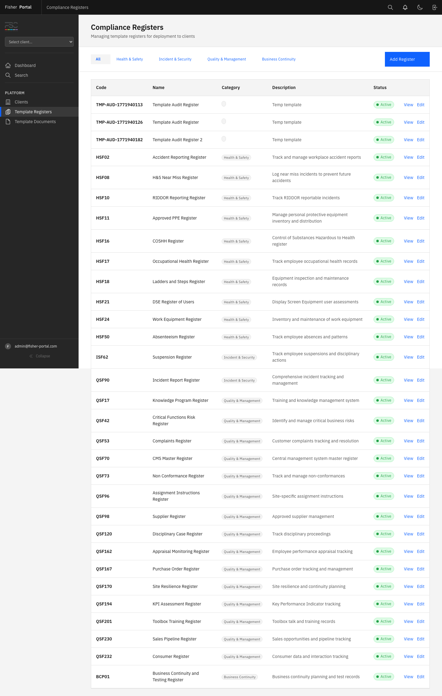 The template registers library showing the master register catalogue available for client deployment
