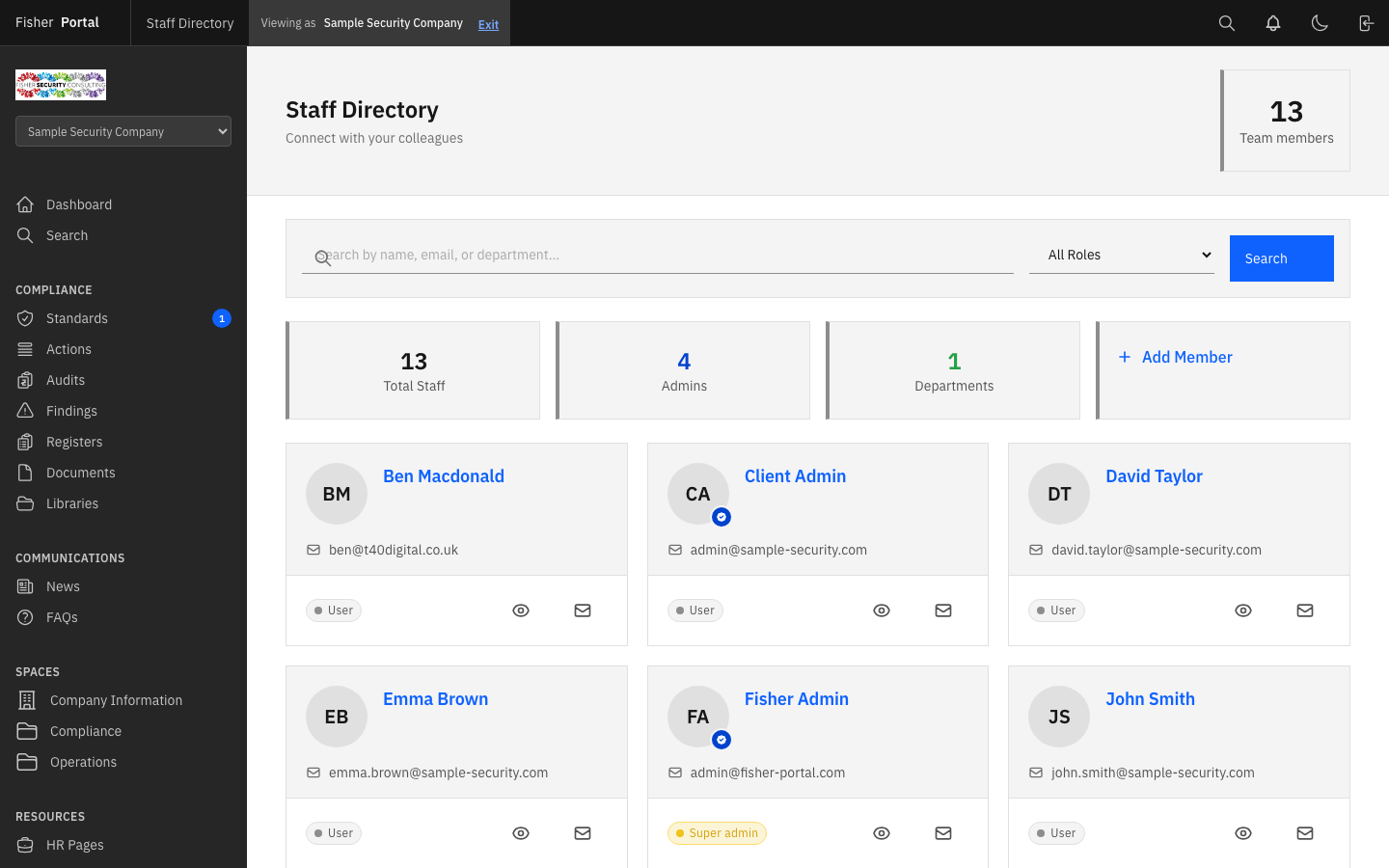 The Staff Directory showing user cards with search, role filtering, and summary statistics